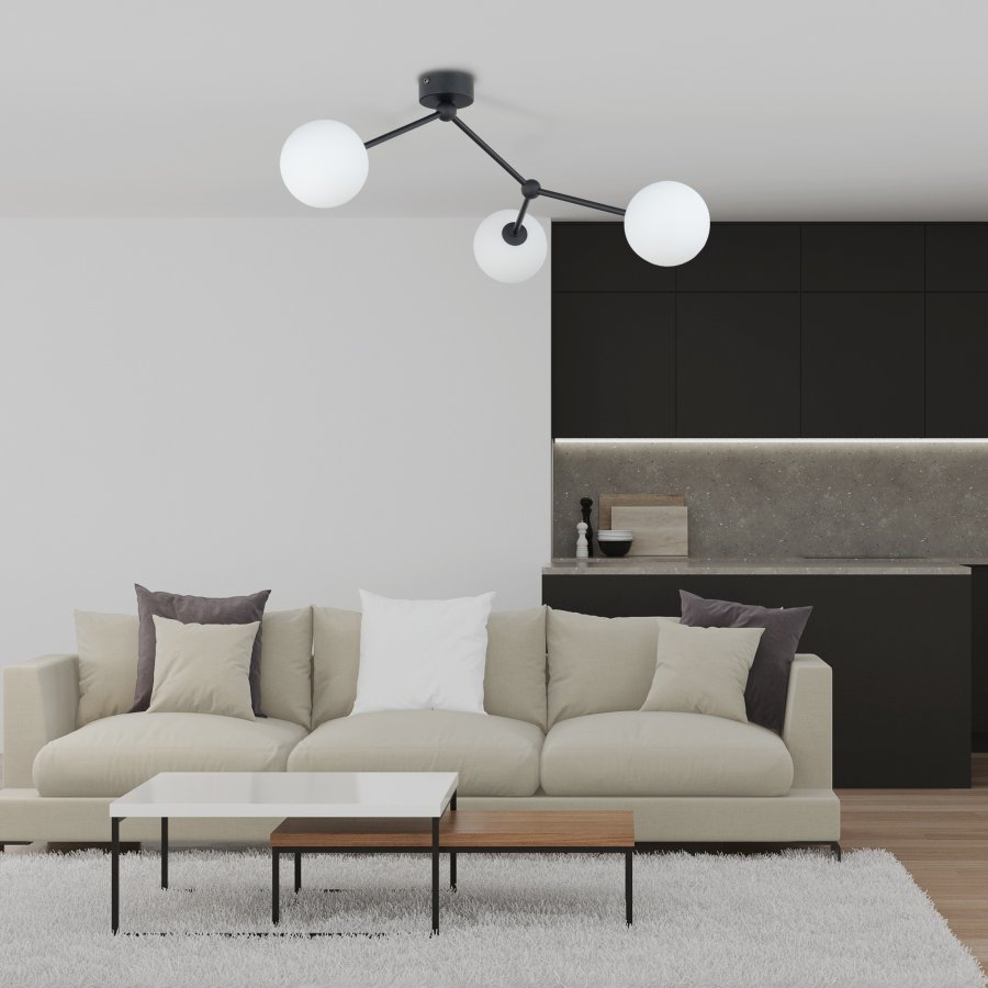 TK Fairy loftlampe, m. 3 skjermer - glass og sort metall