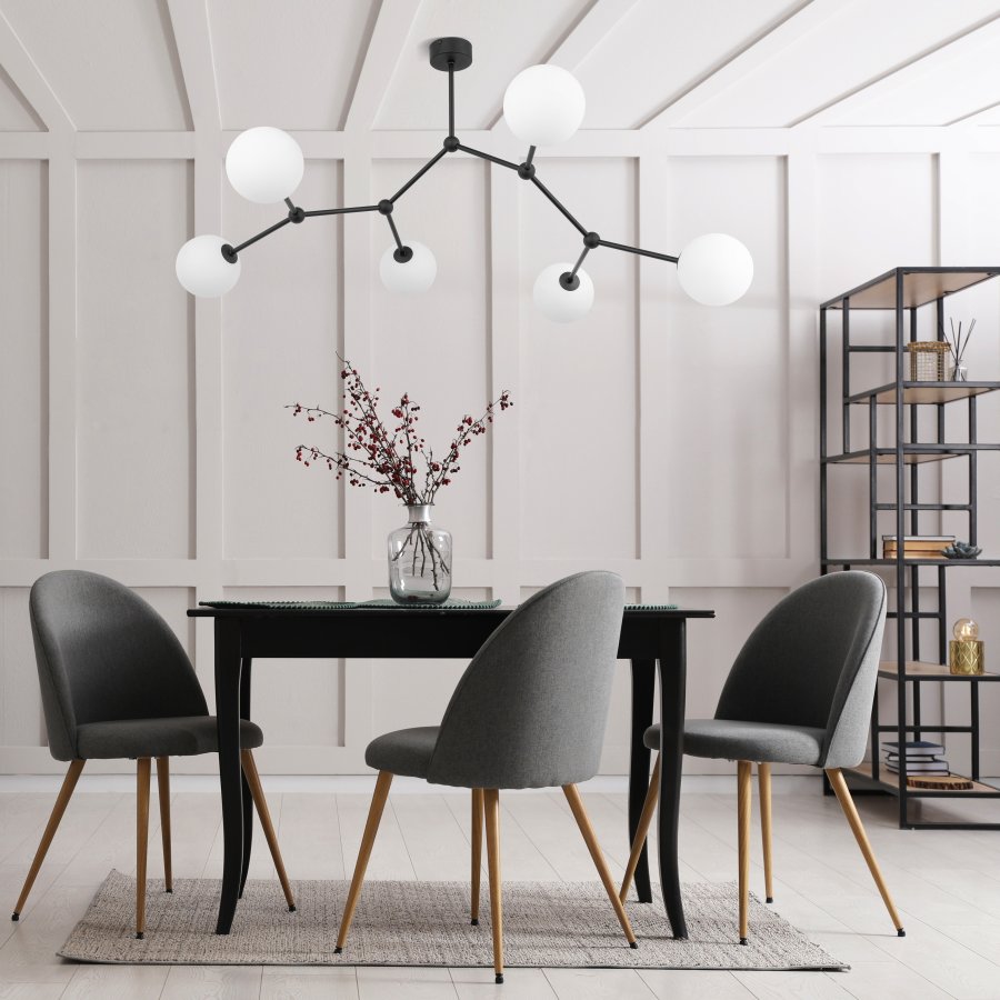 TK Felblack taklampe, m. 6 skjermer - hvitt glass og sort metall