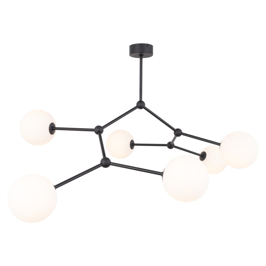 TK Felblack taklampe, m. 6 skjermer - hvitt glass og sort metall