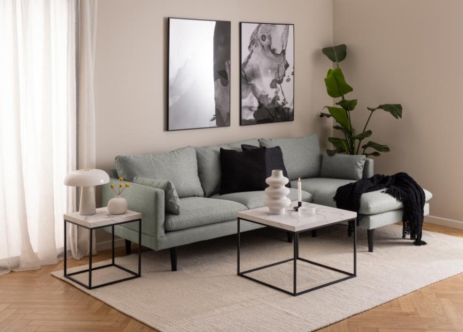 ACT NORDIC Barossa Couchtisch, quadratisch – weißes Papier, Carrara-Marmoroptik und schwarzer Stahl (40x40)