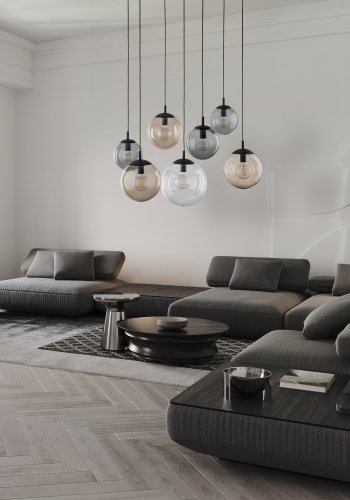 TK Esme loftlampe, m. 7 skjermer - flerfarget glass og svart metall