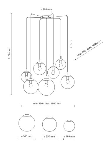 TK Esme loftlampe, m. 7 skjermer - flerfarget glass og svart metall