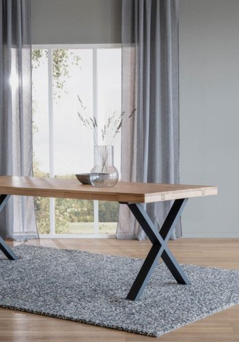 ROWICO Brooklyn rektangulr spisebord, m. udtrk - lakeret egetr m. X-ben i sort metal (220x95)