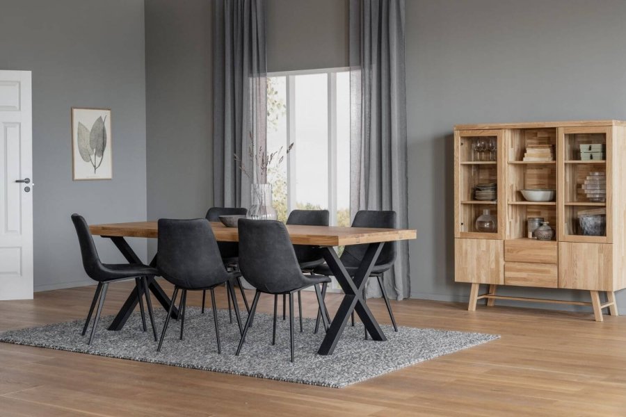 ROWICO Brooklyn rektangulr spisebord, m. udtrk - lakeret egetr m. X-ben i sort metal (220x95)