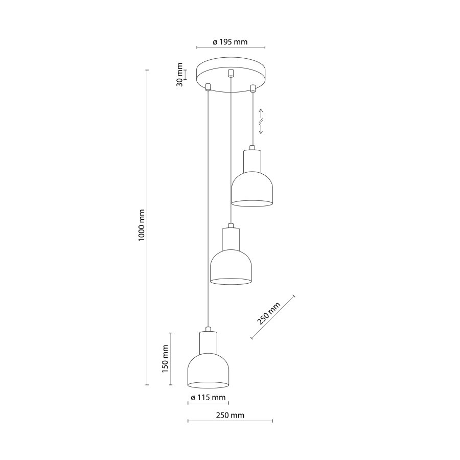 TK Cairo loftlampe, m. 3 skjermer - naturlig tre og sort metall