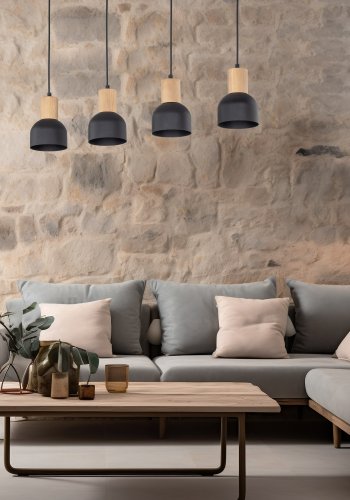 TK Cairo loftlampe, m. 4 skjermer - naturlig tre og sort metall