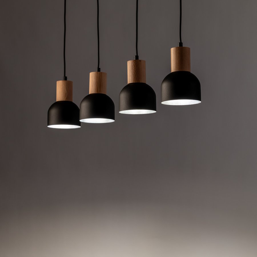 TK Cairo loftlampe, m. 4 skjermer - naturlig tre og sort metall