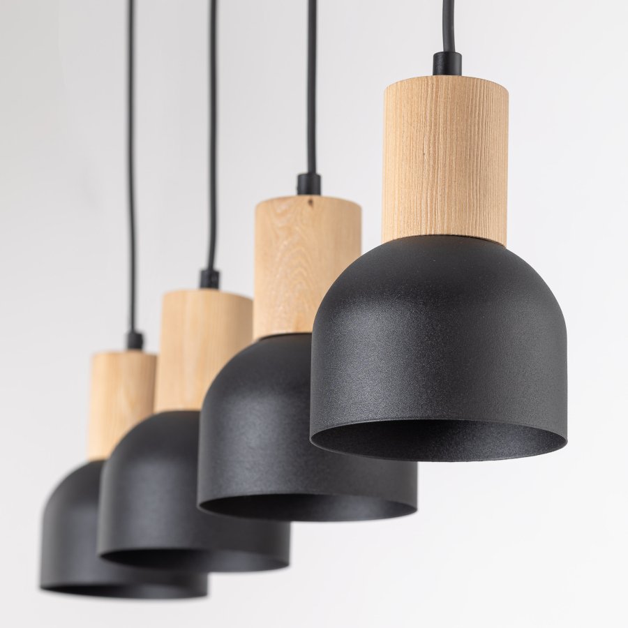 TK Cairo loftlampe, m. 4 skjermer - naturlig tre og sort metall