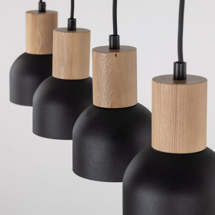 TK Cairo loftlampe, m. 4 skjermer - naturlig tre og sort metall