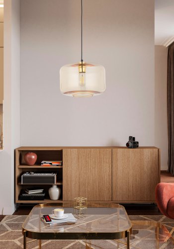 TK Alma taklampa - bärnstensfärgat glas, guld metall plast och svart plast