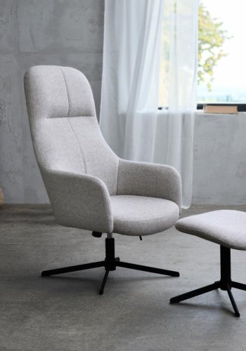 Manning hvilestol og fotskammel, m. armlener - naturlig stoff og svarte ben