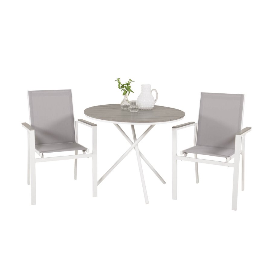 VENTURE DESIGN Parma hagesett, med salongbord og 2 stoler med armlener - hvit alu/gr tekstilene/gr aintwood