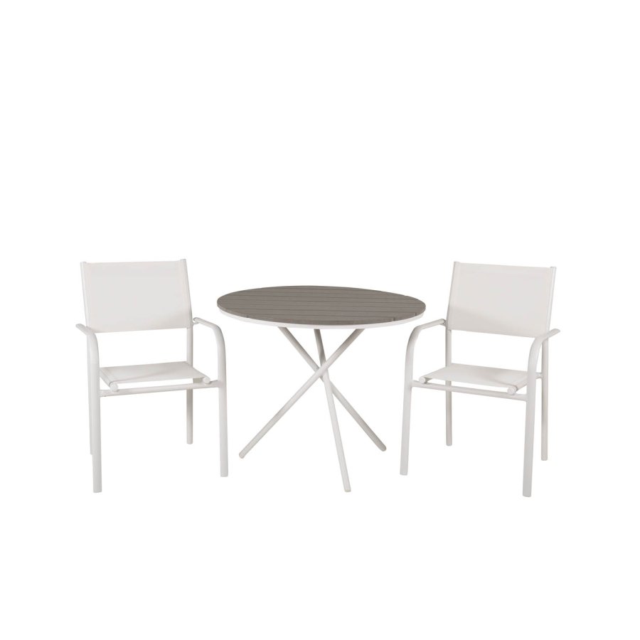 VENTURE DESIGN Gartenset mit Parma Cafétisch ( 90) und 2 Santorini Stühlen mit Armlehnen - Weißaluminium/Textilene