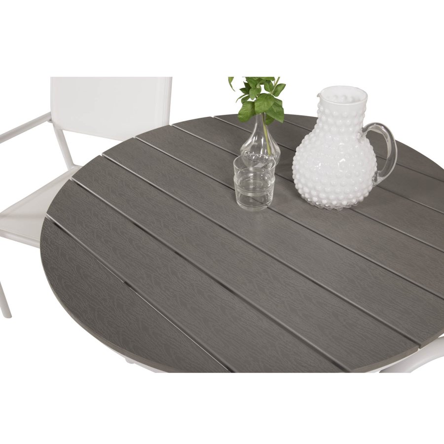 VENTURE DESIGN Gartenset mit Parma Cafétisch ( 90) und 2 Santorini Stühlen mit Armlehnen - Weißaluminium/Textilene