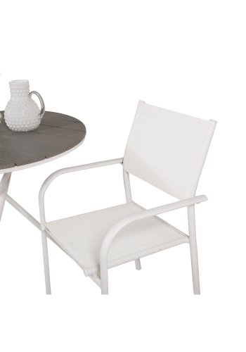 VENTURE DESIGN Gartenset mit Parma Cafétisch ( 90) und 2 Santorini Stühlen mit Armlehnen - Weißaluminium/Textilene