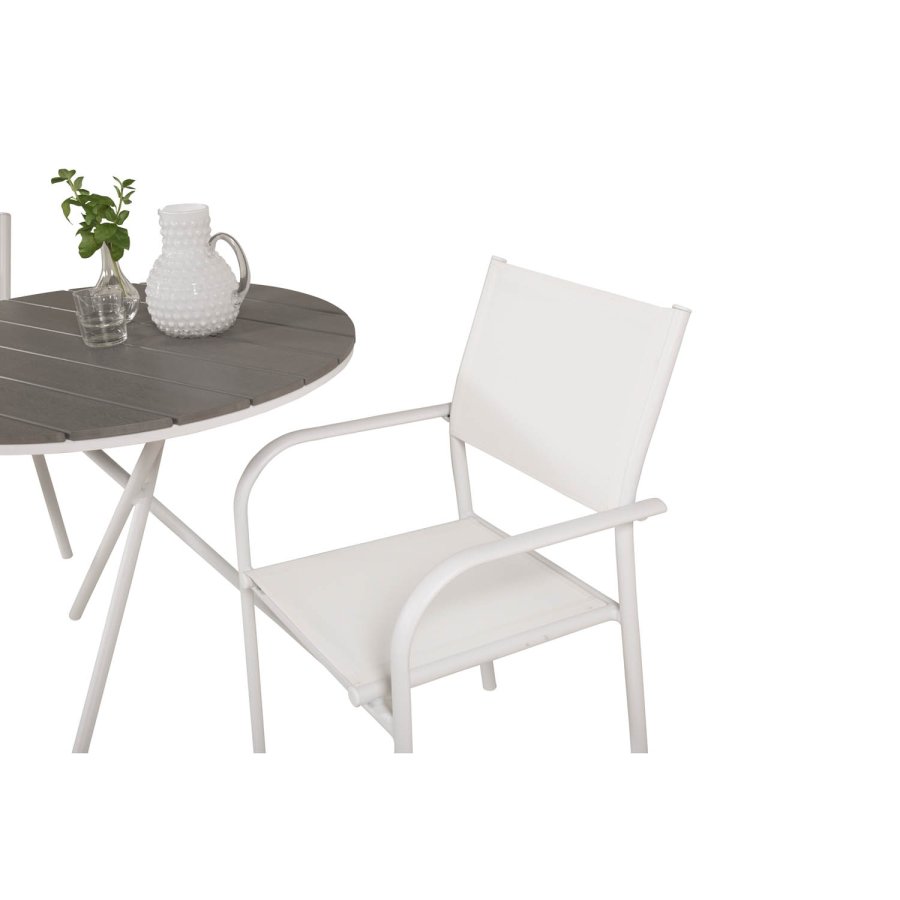 VENTURE DESIGN Gartenset mit Parma Cafétisch ( 90) und 2 Santorini Stühlen mit Armlehnen - Weißaluminium/Textilene