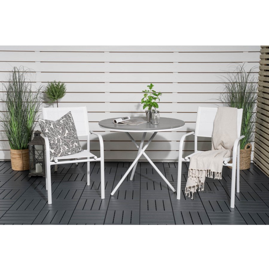 VENTURE DESIGN Gartenset mit Parma Cafétisch ( 90) und 2 Santorini Stühlen mit Armlehnen - Weißaluminium/Textilene