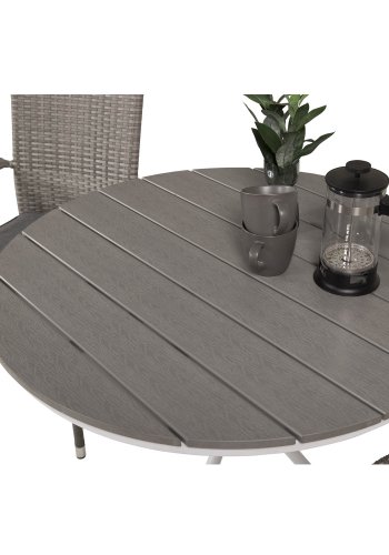 VENTURE DESIGN Gartenset mit Parma-Tisch ( 90) und 2 Anna-Stühlen mit Armlehnen – weißes Aluminium/graues Rattan/Aintwood
