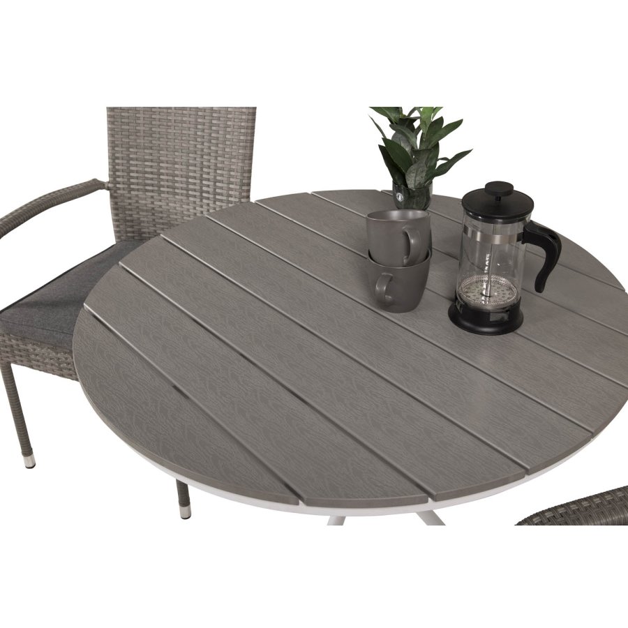 VENTURE DESIGN Gartenset mit Parma-Tisch ( 90) und 2 Anna-Stühlen mit Armlehnen – weißes Aluminium/graues Rattan/Aintwood