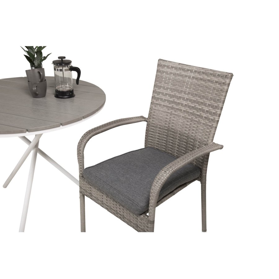 VENTURE DESIGN Gartenset mit Parma-Tisch ( 90) und 2 Anna-Stühlen mit Armlehnen – weißes Aluminium/graues Rattan/Aintwood