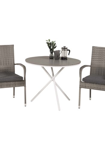 VENTURE DESIGN Gartenset mit Parma-Tisch ( 90) und 2 Anna-Stühlen mit Armlehnen – weißes Aluminium/graues Rattan/Aintwood