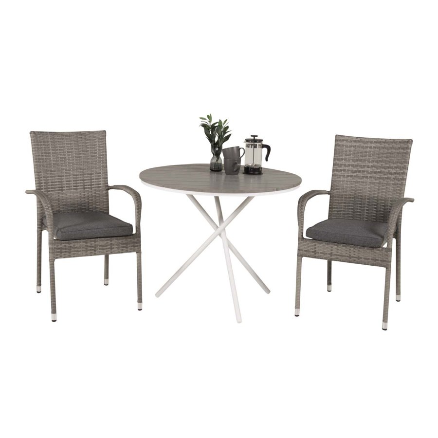VENTURE DESIGN Gartenset mit Parma-Tisch ( 90) und 2 Anna-Stühlen mit Armlehnen – weißes Aluminium/graues Rattan/Aintwood