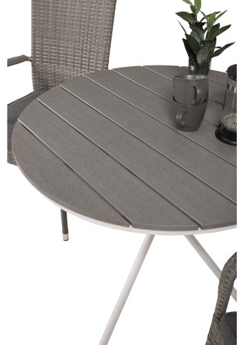 VENTURE DESIGN Gartenset mit Parma-Tisch ( 90) und 2 Anna-Stühlen mit Armlehnen – weißes Aluminium/graues Rattan/Aintwood