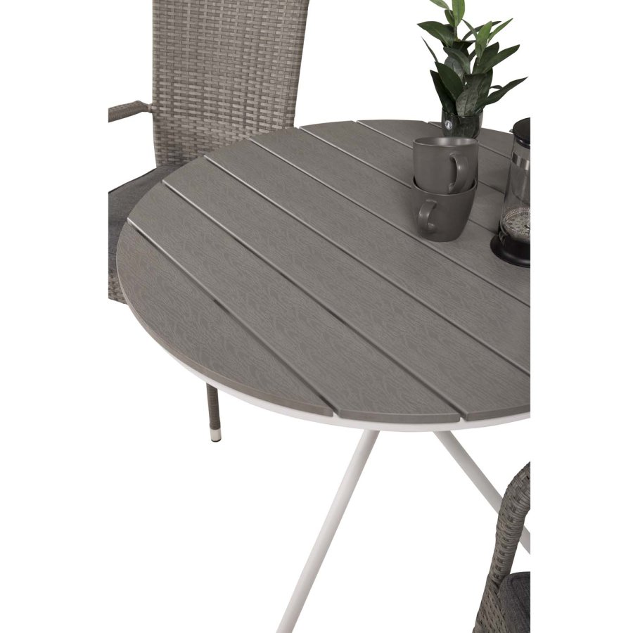 VENTURE DESIGN Gartenset mit Parma-Tisch ( 90) und 2 Anna-Stühlen mit Armlehnen – weißes Aluminium/graues Rattan/Aintwood