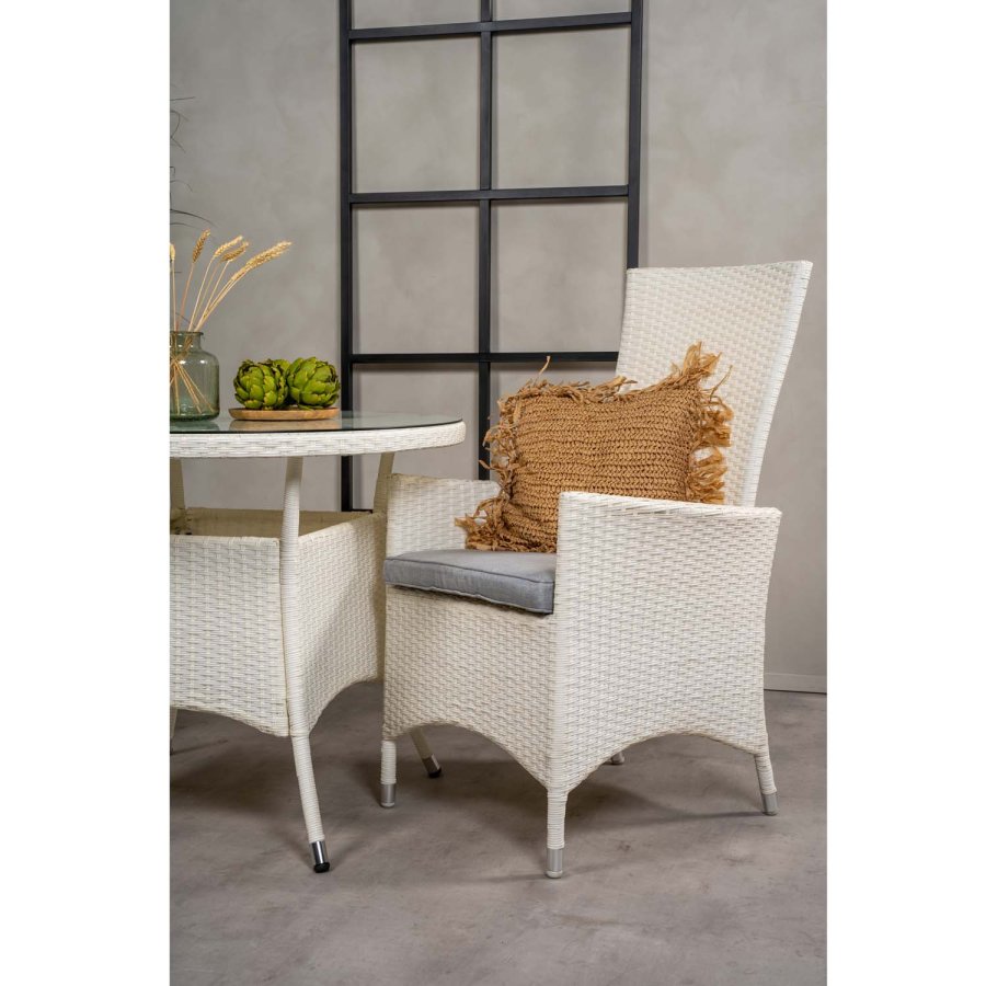 VENTURE DESIGN havest m. Volta bord ( 90) og 2 Padova stole m. recliner + hynde - hvid rattan/glas