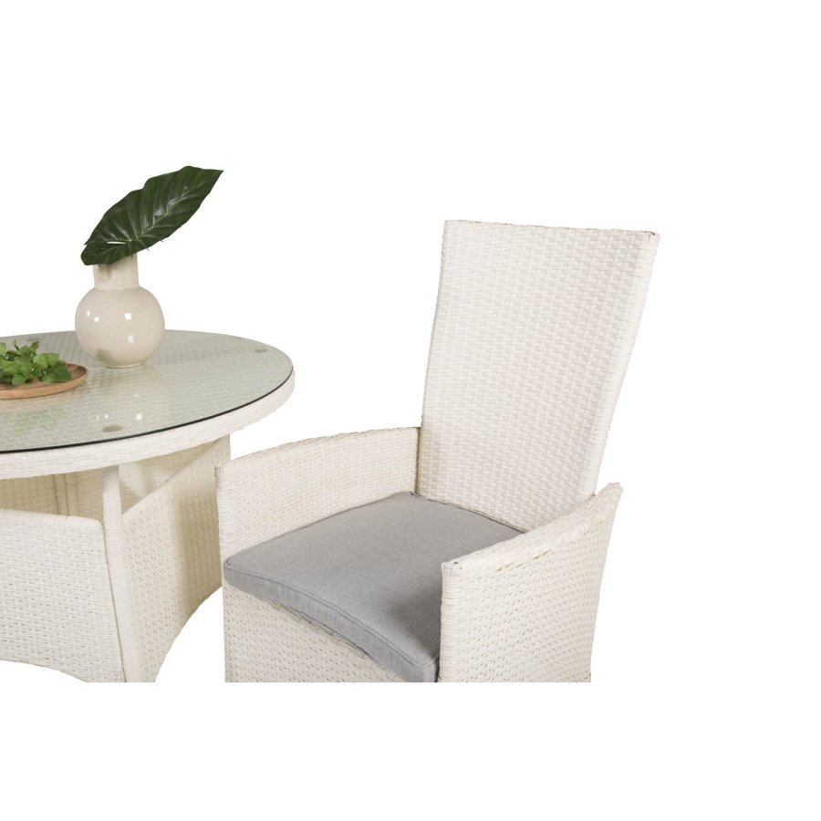 VENTURE DESIGN havest m. Volta bord ( 90) og 2 Padova stole m. recliner + hynde - hvid rattan/glas