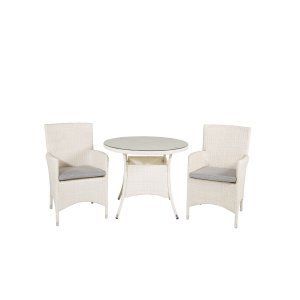 VENTURE DESIGN havest m. Volta bord (90) og 2 Malin stole m. armln og hynde - hvid rattan og glas