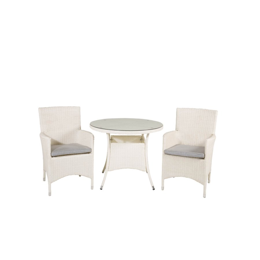 VENTURE DESIGN havest m. Volta bord (90) og 2 Malin stole m. armln og hynde - hvid rattan og glas