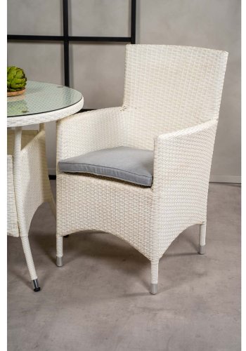 VENTURE DESIGN havest m. Volta bord (90) og 2 Malin stole m. armln og hynde - hvid rattan og glas