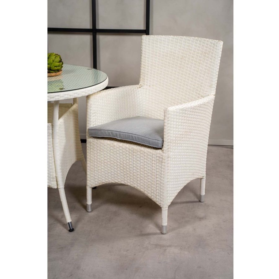 VENTURE DESIGN havest m. Volta bord (90) og 2 Malin stole m. armln og hynde - hvid rattan og glas