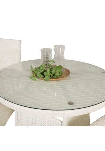VENTURE DESIGN havest m. Volta bord (90) og 2 Malin stole m. armln og hynde - hvid rattan og glas