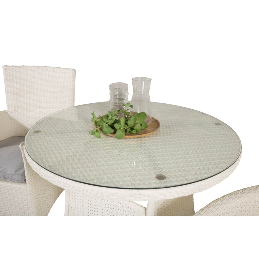 VENTURE DESIGN havest m. Volta bord (90) og 2 Malin stole m. armln og hynde - hvid rattan og glas