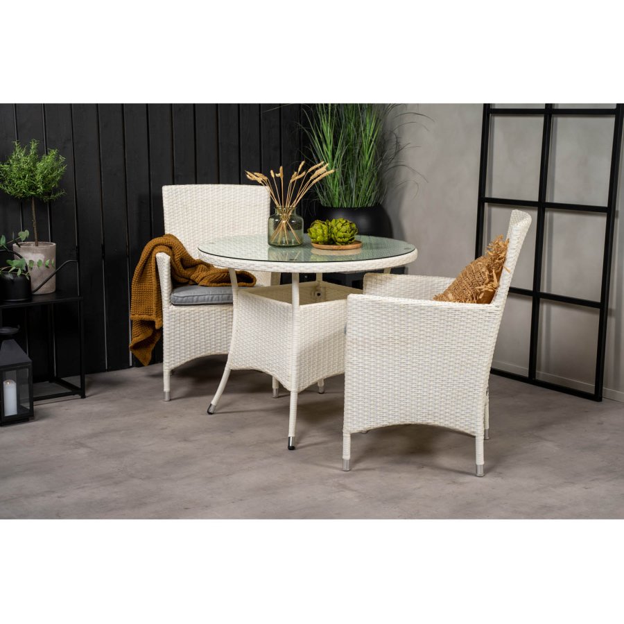 VENTURE DESIGN havest m. Volta bord (90) og 2 Malin stole m. armln og hynde - hvid rattan og glas