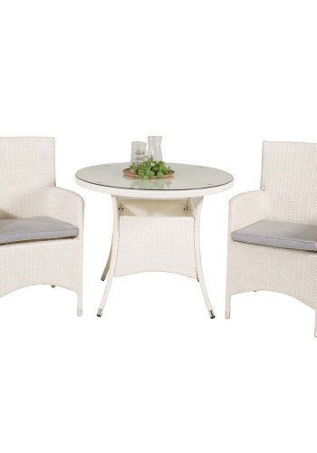 VENTURE DESIGN havest m. Volta bord (90) og 2 Malin stole m. armln og hynde - hvid rattan og glas