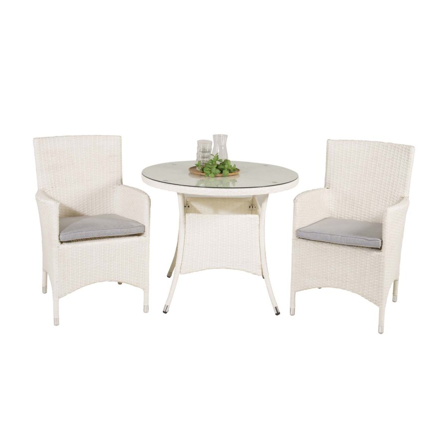 VENTURE DESIGN havest m. Volta bord (90) og 2 Malin stole m. armln og hynde - hvid rattan og glas