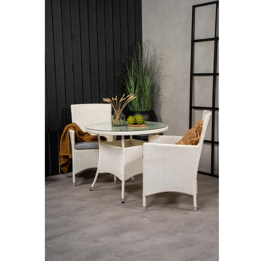 VENTURE DESIGN havest m. Volta bord (90) og 2 Malin stole m. armln og hynde - hvid rattan og glas