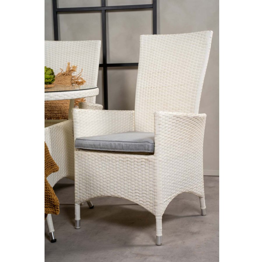 VENTURE DESIGN havest m. Volta bord ( 90) og 4 Padova stole m. recliner + hynde - hvid rattan/glas