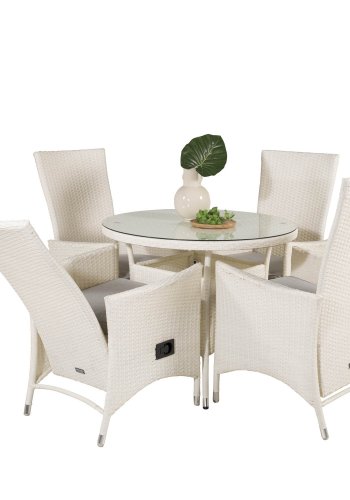 VENTURE DESIGN havest m. Volta bord ( 90) og 4 Padova stole m. recliner + hynde - hvid rattan/glas