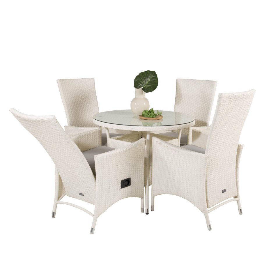 VENTURE DESIGN havest m. Volta bord ( 90) og 4 Padova stole m. recliner + hynde - hvid rattan/glas