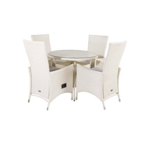 VENTURE DESIGN havest m. Volta bord ( 90) og 4 Padova stole m. recliner + hynde - hvid rattan/glas
