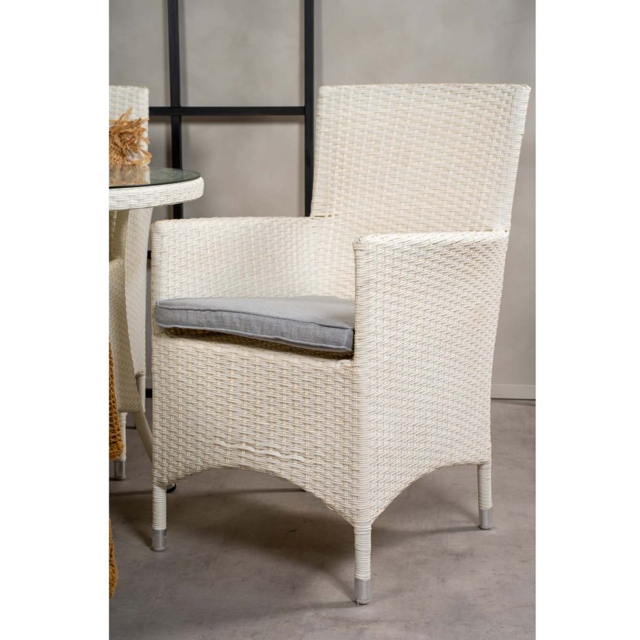 VENTURE DESIGN havest m. Volta bord ( 90) og 4 Malin stole m. armln og hynde - hvid rattan/glas