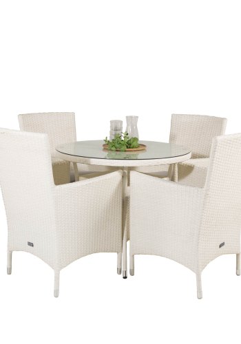 VENTURE DESIGN havest m. Volta bord ( 90) og 4 Malin stole m. armln og hynde - hvid rattan/glas
