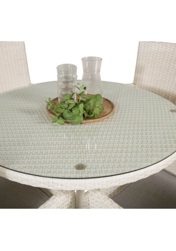VENTURE DESIGN havest m. Volta bord ( 90) og 4 Malin stole m. armln og hynde - hvid rattan/glas