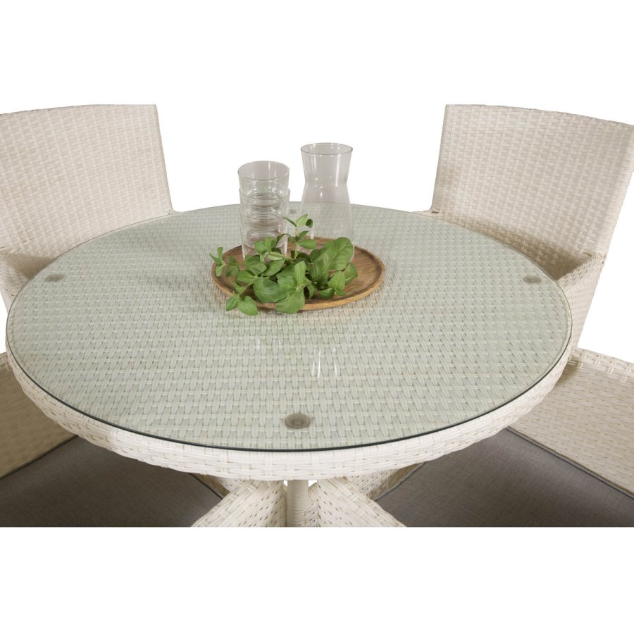 VENTURE DESIGN havest m. Volta bord ( 90) og 4 Malin stole m. armln og hynde - hvid rattan/glas