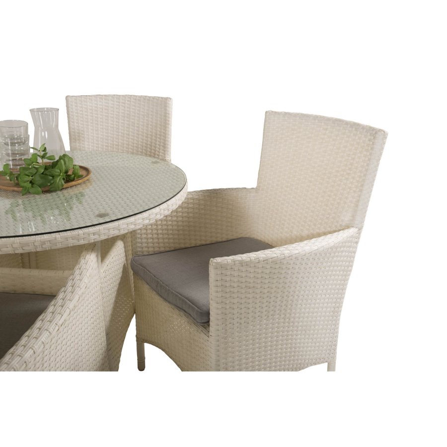 VENTURE DESIGN havest m. Volta bord ( 90) og 4 Malin stole m. armln og hynde - hvid rattan/glas