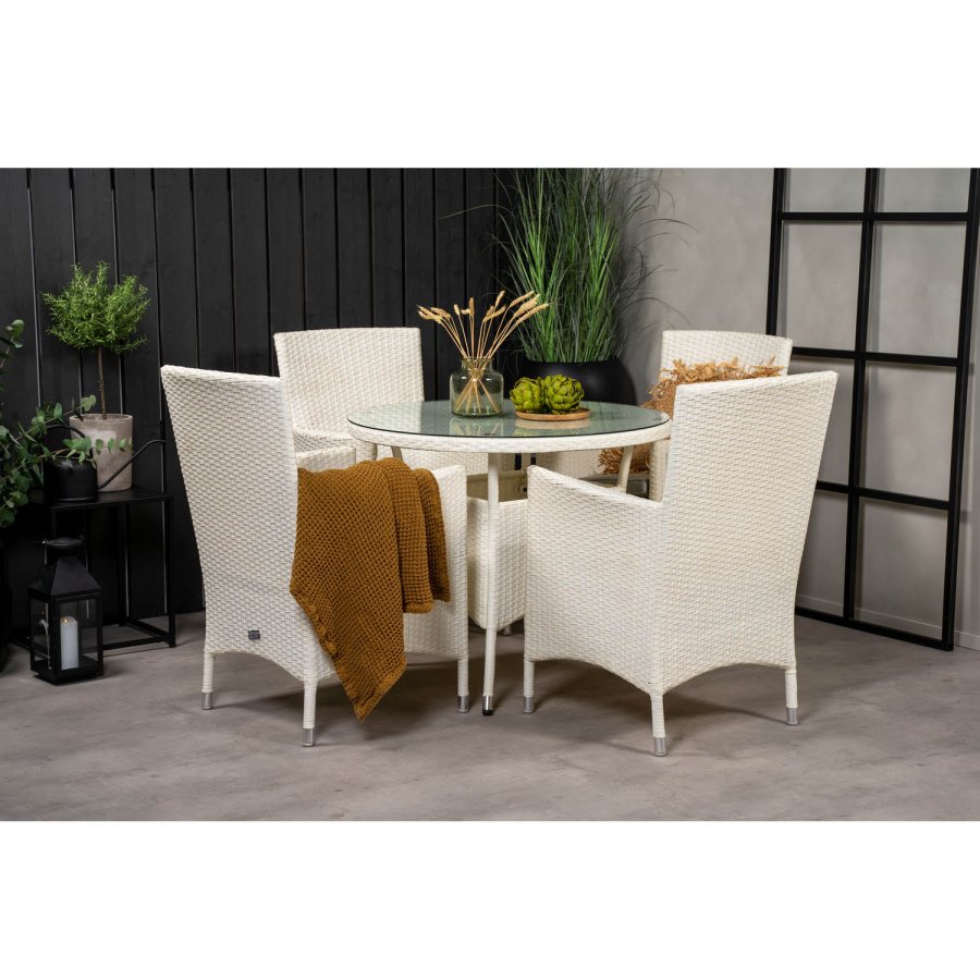 VENTURE DESIGN havest m. Volta bord ( 90) og 4 Malin stole m. armln og hynde - hvid rattan/glas